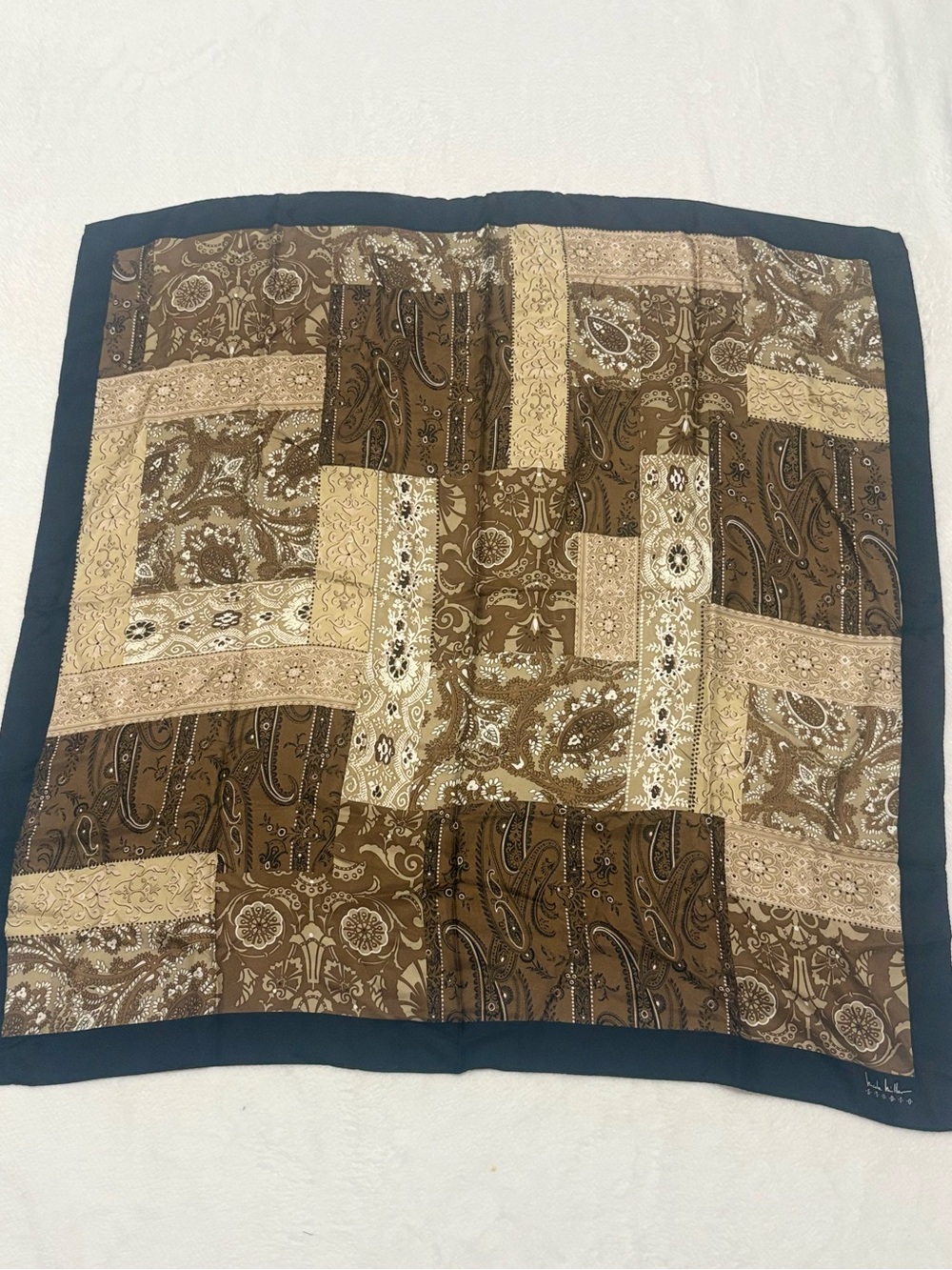 Nicole Miller Brown and Black Paisley Patchwork Scarf 100 silk